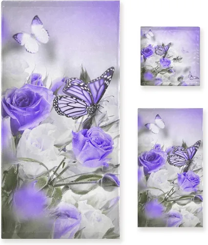 ALAZA Juego de 3 toallas de baño de flores de iris de mariposa morada, 1 toalla de baño, 1 toalla de mano, 1 toallita decorativa, suave, de lujo,
