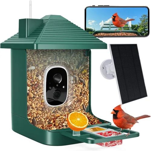 Miniatura 8 de Alimentador inteligente para pájaros con cámara, identificación de especies por IA, casa para pájaros con energía solar, alertas de llegada
