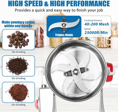 Miniatura 5 de Molinillo eléctrico de grano de 3000 W, molinillo de harina de acero inoxidable de 28.22 oz para uso doméstico, pulverizador comercial de alta
