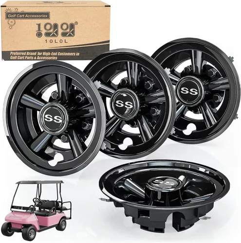 10L0L Cubiertas de ruedas para carrito de golf Tapacubos para EZGO, Club Car, Yamaha - Instalación de 8 pulgadas con enganche, negro, juego de 4