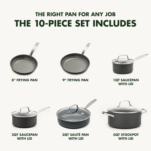 Miniatura 4 de GreenPan Chatham - Juego de 10 piezas de ollas y sartenes de cerámica anodizada y saludable, antiadherente, sartenes para freír, cacerolas, ollas