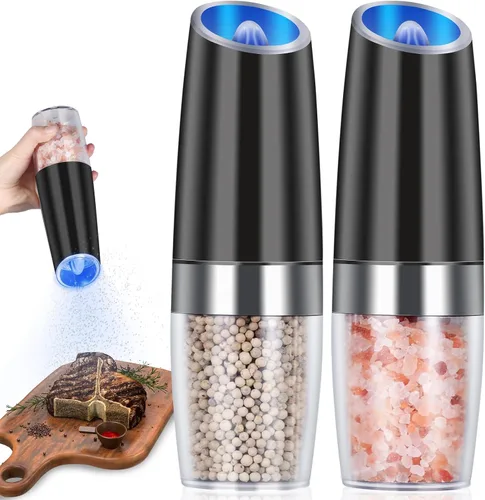 Miniatura 8 de EasyCom Gravity - Molinillo de sal y pimienta, funciona con pilas con luz LED, grosor ajustable, molinillo de pimienta automático con una mano