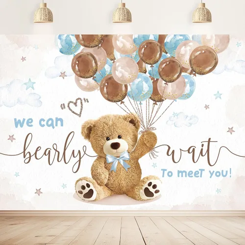 Telón de fondo de oso para baby shower, de 5 pulgadas de ancho x 3 de alto, con texto en inglés «We Can Bearly Wait Brown Blue Balloons» de dibujos