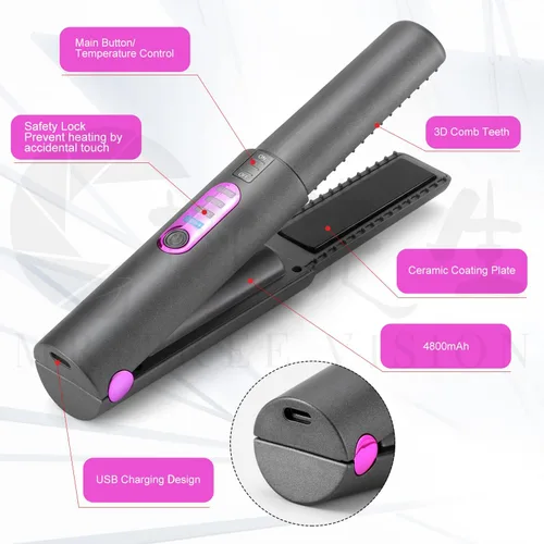 Miniatura 8 de OBEST Rizador de pelo inalámbrico 2 en 1, plancha plana inalámbrica de calentamiento rápido, alisador portátil para alisar y rizar el cabello, 5000