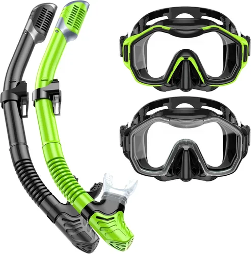Miniatura 20 de Equipo de esnórquel para adultos y niños, juego de esnórquel seco con vista panorámica de 180°, máscara de buceo con visión panorámica de 180°