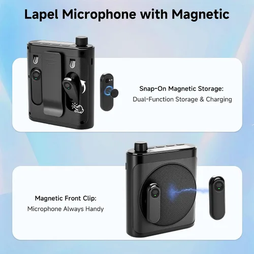 Miniatura 6 de Amplificador de voz inalámbrico con 2 micrófonos inalámbricos (Lavalier magnético), amplificador de voz portátil para profesores, fitness, aula