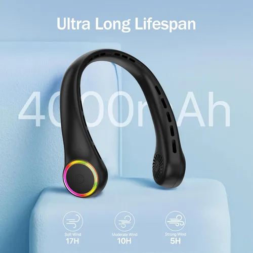 Miniatura 3 de Ventilador de cuello, ventilador portátil con vida útil de 5 a 17 horas, ventilador de cuello de 4000 mAh con 3 velocidades ajustables y 64 luces