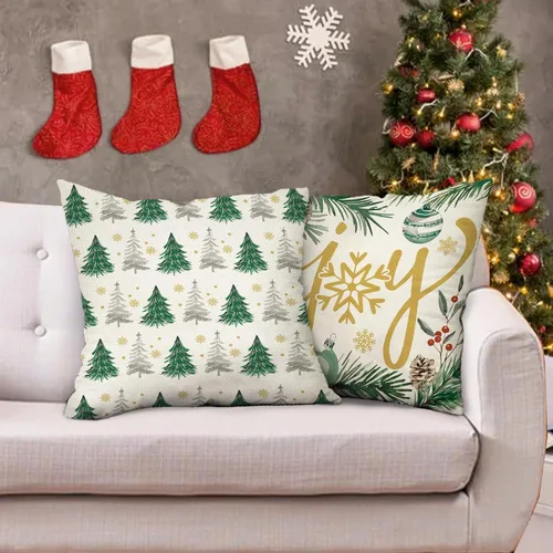Miniatura 5 de Juego de 4 fundas de almohada decorativas de árbol de pino de Navidad de 18 x 18 pulgadas, bolas de alegría de Navidad, copos de nieve dorados