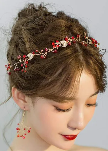 Miniatura 6 de Missgrace Vid de pelo de hoja roja de cristal, aretes y diadema para boda vintage, cumpleaños, fiesta, Halloween, joyería para el cabello para mujer