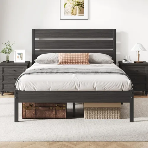 Miniatura 9 de Fluest Base de cama Queen con cabecero y estribo, con almacenamiento debajo de la cama, sistema de soporte totalmente metálico, no necesita somier