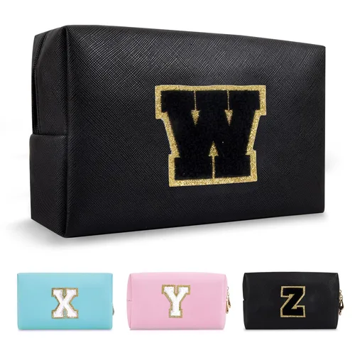 Miniatura 286 de Pequeña bolsa de maquillaje personalizada con inicial A-Z Preppy Patch, bolsa de cosméticos de viaje de felpilla blanca con cremallera, bonita bolsa