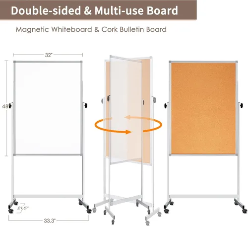 Miniatura 2 de Pizarra blanca de doble cara con corcho, 32 x 48 pulgadas, gran tablero de corcho para oficina, pizarra magnética de borrado en seco con altura