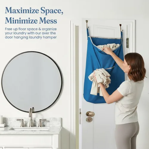Miniatura 3 de The Fine Living Co. Cesta de lavandería colgante extragrande con ganchos para la puerta y adhesivo, bolsa de lavandería duradera que ahorra espacio