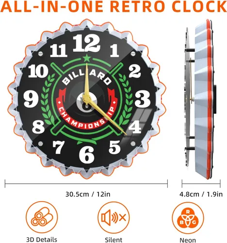 Miniatura 4 de Reloj de pared de neón, 12 pulgadas con gráficos de billar 8 bolas de billar, impresionante efecto de brillo 3D, silencioso sin tictac, para sala