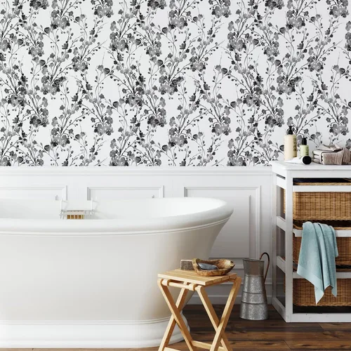 Miniatura 2 de VEELIKE Chinoiserie - Papel tapiz floral bohemio para despegar y pegar en blanco y negro, 17.7 x 118 pulgadas, decoración de pared autoadhesivo