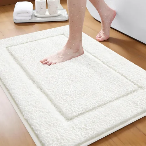 Miniatura 18 de Juego de alfombras de baño de 3 piezas de color blanco hueso, ultra suave, gruesa, esponjosa, microfibra absorbente, parte trasera antideslizante