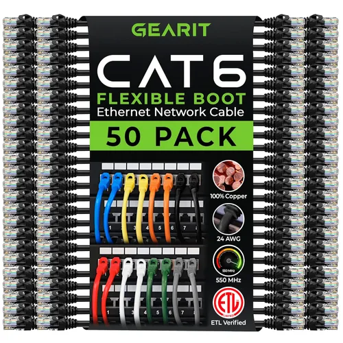 GEARit Paquete de 50 cables de conexión Cat6 de 0.5 pies/6 pulgadas, cable Ethernet Cat 6 sin enganches, flexible y suave, serie premium, color negro