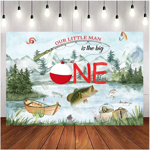 Miniatura 3 de Fondo de fotografía de Our Little Man is The Big One Wild Gone Fishing Background Boy First One Birthday Party Decor Baby Shower Fisherman Party