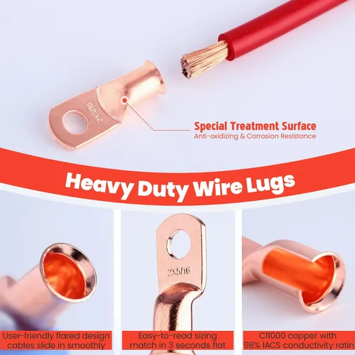 Miniatura 5 de TKDMR - Kit de 264 piezas de extremos de cable de batería, 132 piezas de terminales de anillo de lengüetas de cable de cobre resistentes AWG 8 6 4 2
