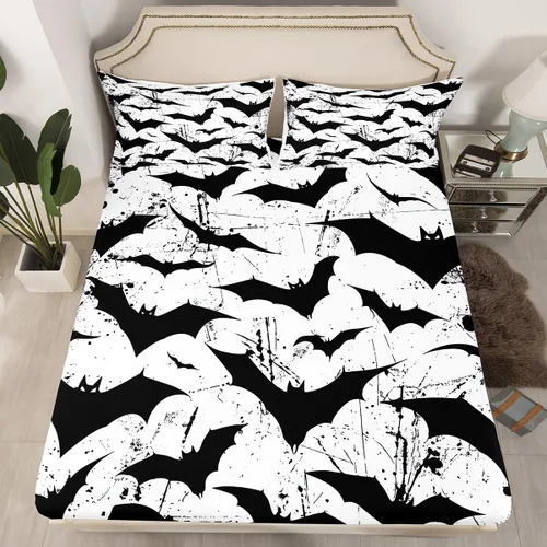 Miniatura 24 de Juego de ropa de cama de Halloween con patrón de sombras kawaii, sábana bajera tamaño queen, decoraciones de calabaza, luces de calabaza góticas