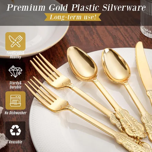 Miniatura 8 de WDF 300 cubiertos de plástico dorado desechables, cubiertos de plástico resistente, juegos de cubiertos dorados que incluyen 100 tenedores, 100 Oro
