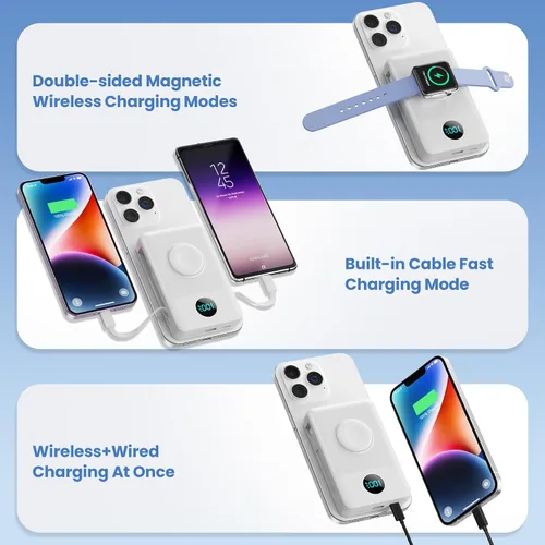 Miniatura 13 de Cargador portátil magnético de 10800 mAh para iPhone con cables integrados, cargador de batería inalámbrico 6 en 1 con cargador iWatch, pantalla LCD