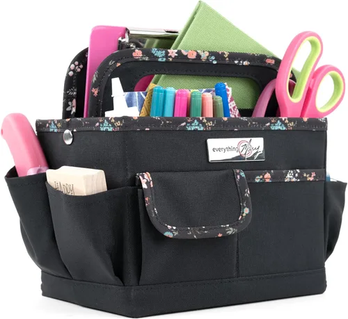 Organizador de escritorio en forma de bolsa tipo tote de Everything Mary – Negro con ribete floral, organizador portátil para álbumes de recortes,