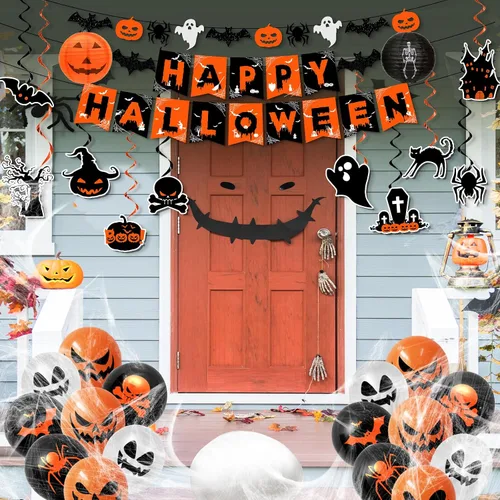 Miniatura 3 de Decoraciones de Halloween, decoraciones de fiesta de Halloween naranja y negro, remolinos colgantes, pancarta de araña de fantasma y murciélago