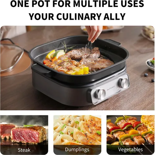 Miniatura 11 de Sartén eléctrica de 6 cuartos con parrilla Olla antiadherente con revestimiento cerámico libre de PFOA, 1600W, temporizador y 3 configuraciones
