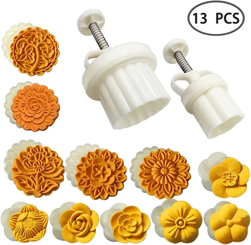Miniatura 3 de FineGood - Juego de 2 moldes de prensa para pastel de luna con 11 Stapms, cortador de galletas FineGood DIY, 1.76 oz, 3.53 oz, prensa de flores