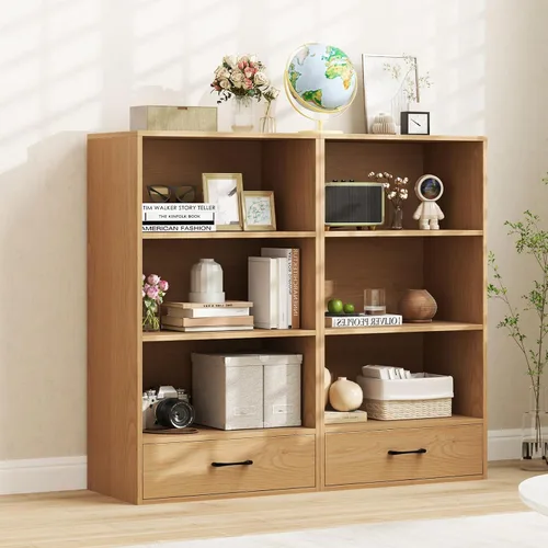 Miniatura 8 de GOFLAME Estantería pequeña de 4 niveles con cajón de almacenamiento, estantería de madera de 42.5 pulgadas con 3 estantes abiertos, moderno, Natural
