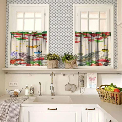 Miniatura 3 de Cortina de cocina de hongos, fresa con plantas verdes, flores silvestres, estrellas doradas, mariposa, dormitorio, comedor, cafetería, oficina, sala