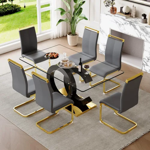 Miniatura 49 de gopop Mesa de comedor de cristal de 63 pulgadas, mesa de cocina moderna, mesa de comedor de vidrio transparente con patas de diseño único negro