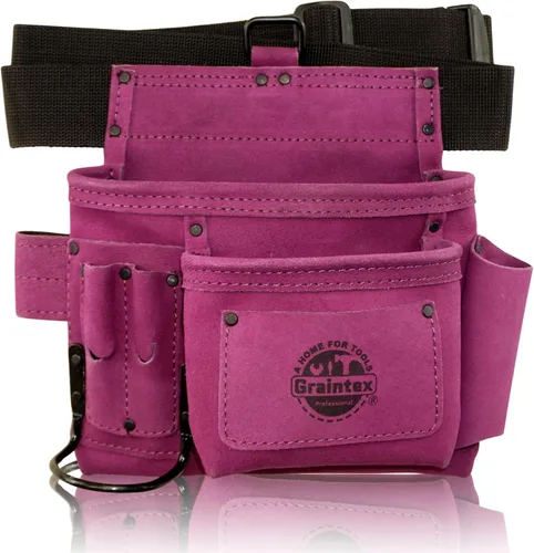 Miniatura 13 de Graintex Cinturón/Bolsa de herramientas de piel de ante de 5 bolsillos Rosa Cinturón de herramientas de cuero multiusos para mujeres y hombres