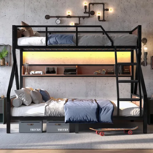 Miniatura 3 de Litera individual XL sobre Queen con estantes de almacenamiento, luz LED y escaleras, marco de cama de metal resistente con tabla de madera