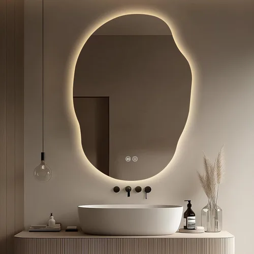 Espejo de baño LED con luces de 25 x 35, espejo de tocador retroiluminado irregular regulable con 3 colores, antiniebla, memoria, pantalla de