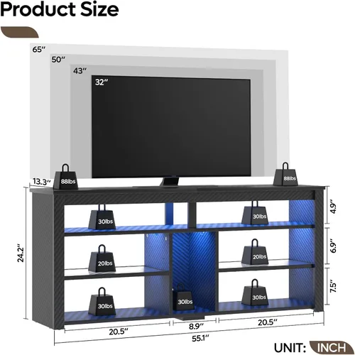 Miniatura 2 de Bestier Soporte de TV Alto con LED, Centro de Entretenimiento para TV de 55/60/65 Pulgadas, Consola de TV para Juegos con Almacenamiento para PS4