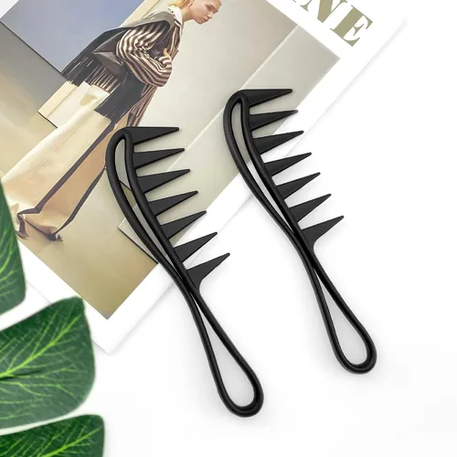 Miniatura 7 de Quacc 2 peines de dientes anchos para rizar el cabello, de plástico resistente, peine de peinado de salón, peines de dientes de tiburón grandes