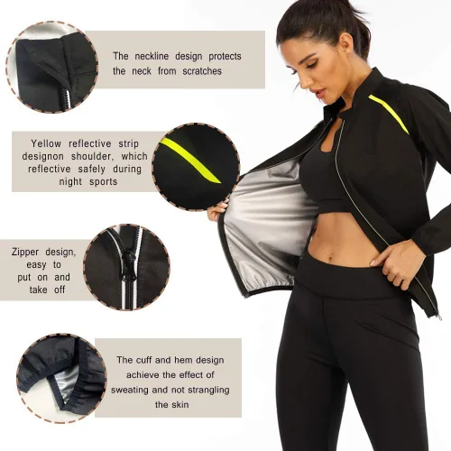 Miniatura 4 de SEXYWG Chaqueta de sauna para mujer, adelgazante, traje de sauna, camisa de manga larga, para entrenamiento, moldeador de cuerpo Negro