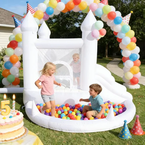 Miniatura 5 de Casa inflable blanca con soplador, piscina de bolas, castillo animoso para patio trasero, adecuado para patio, eventos, fiestas, bodas, regalos