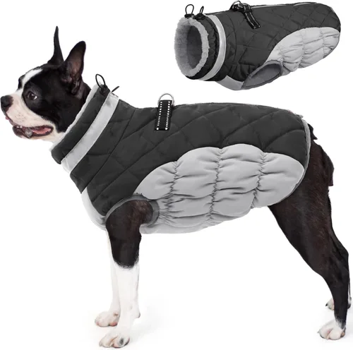 Miniatura 40 de AOFITEE Abrigo para perro, chaquetas cálidas para perros grandes, abrigo reflectante de cuello alto para perros con arnés integrado, impermeable