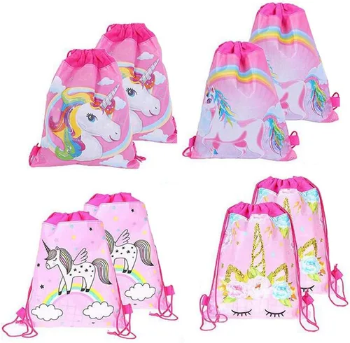 Bolsa de recuerdo de fiesta de unicornio, paquete de 8 mochilas con cordón de unicornio como bolsas de regalo de fiesta, bolsas de dulces para