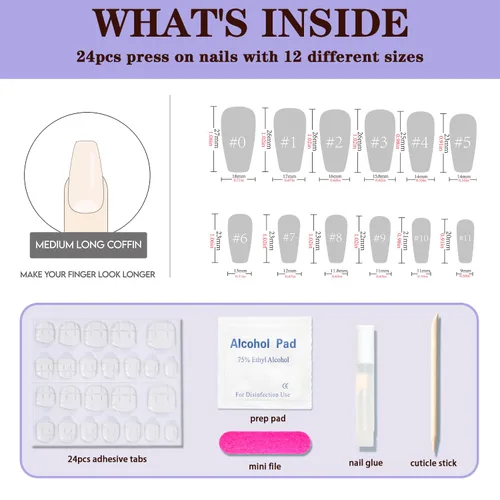 Miniatura 6 de WOOYAS - Uñas postizas cortas a presión, color nude brillante, uñas postizas de otoño de ataúd mediano, juego de 24 uñas postizas reutilizables