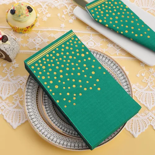 Miniatura 5 de 100 servilletas de papel verde – Servilletas de fiesta con puntos dorados, servilletas de cena verdes desechables para cumpleaños, baño, boda, Verde