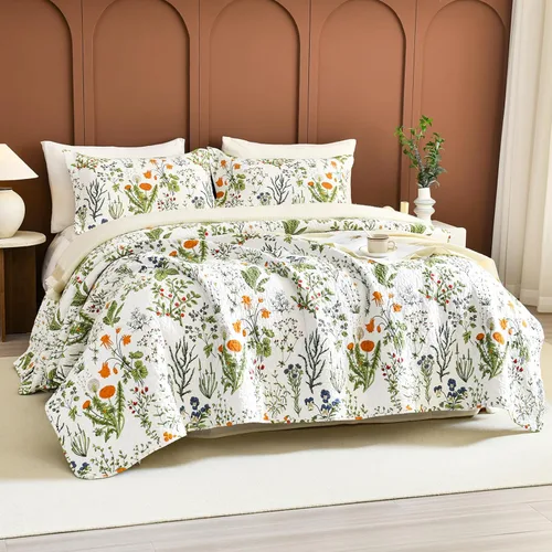 Miniatura 12 de Sanracie Edredón extragrande tamaño King (120"x120"), juego de edredón 100% algodón con estampado floral verde de 3 piezas, edredón suave y ligero