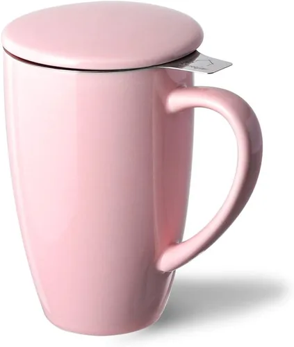 Sweejar Taza de té de porcelana con infusor y tapa, tetera con filtro, máquina de té para hojas sueltas, 16 onzas líquidas para té, café, leche, Rosa