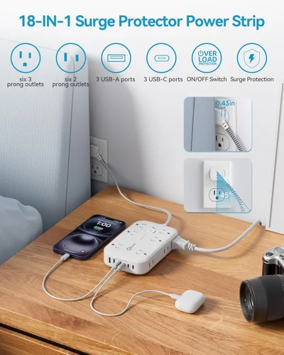 Miniatura 5 de Extensor de enchufe plano con cable de 12 pulgadas, protector contra sobretensiones, adaptador divisor de enchufe de extensión de enchufe plano, 12