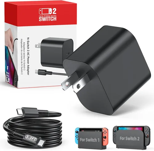 Cargador Switch 2 - Adaptador de CA de 60W para Nintendo 2 (2025)/Nintendo 1, Cable de carga de 3.3 (1M) pies, Soporte de modo de acoplamiento para