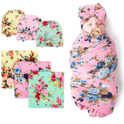 Miniatura 33 de DRESHOW BQUBO Manta de Recepción para Recién Nacido con Conjunto de Gorro con Lazo Estampado de Flores Manta Envolvente para Bebé con Gorro 1 juego