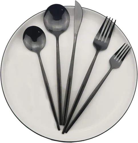 Miniatura 2 de JASHII - Juego de cubiertos negros brillantes de 30 piezas de acero inoxidable con acabado satinado, juego de utensilios de cocina, pulido espejo